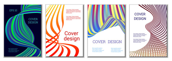 A set of 4 abstract covers. Wavy parallel gradient lines, ribbons evolve. Cover design, background. Trendy banner, poster.