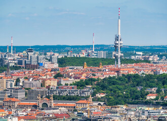 Obraz premium Aerial view with the Zizkov Television Tower transmitter in Prague