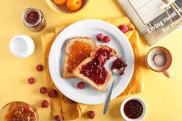 Plate with tasty toasts, apricot, raspberry jam and cup of coffee on yellow background