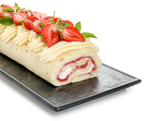 Board with tasty strawberry roll cake on white background, closeup