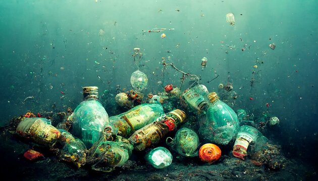 Trash and waste in our oceans, sea filled with dump, damage to the oceans, warning picture