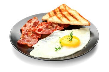 Plate with tasty fried egg, bacon and toasts isolated on white background