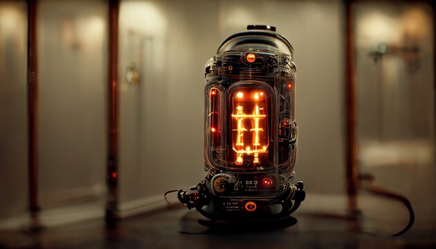 Cyberpunk lamp with futuristic nixie tubes on display, 3d render