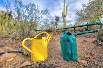 Tucson, Arizona- Yellow and green watering can on the ground