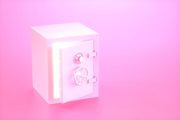 Pink safe deposit box with with bright glowing through half opened door. 3d render - obrazy, fototapety, plakaty