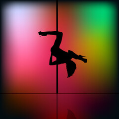 Vector silhouettes of female pole dancer performing pole moves on blur background