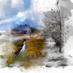 Landscape depicting two seasons at once, spring and winter, mixed media