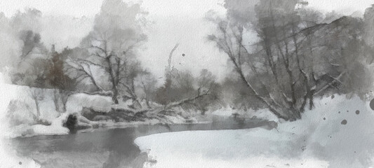 An abstract work of art depicting a winter forest with a river. Mixed media