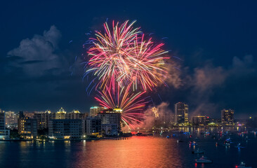 Fireworks on the Fourth of July from Bayfront Park  over Sarasota Florida USA