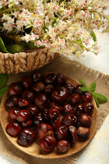 Plate with fresh chestnuts on light background, closeup