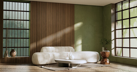 Wabisabi style living interior Concept Green japanese room.3D rendering