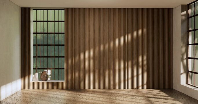 Concept Empty room and wood panels wall background 3D illustration rendering.