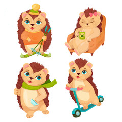 A set of Fluffy Hedgehogs doing different things. They rest, go for a walk, prepare for the holidays. Merry Porcupine. Vector illustration on a white background.