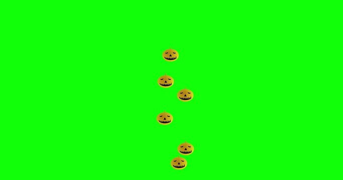 Halloween emoticons in the form of pumpkins with scary smile faces on a green background. Pumpkins on chroma key background for cutting. Halloween pumpkin 3D animation isolated on green background.