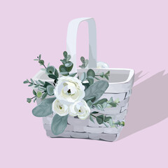 A white basket of flowers.
