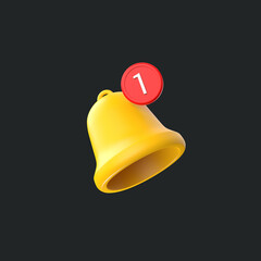 Obraz na płótnie Canvas 3d notification reminder yellow bell icon sign illustration realistic isolted render social media ui website design element