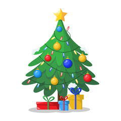 Naklejka premium Christmas tree with gifts and decorations.