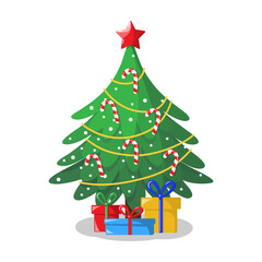 Christmas tree with candy cane and boxes.