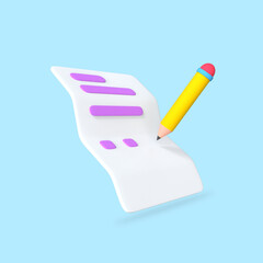 Pencil Writing on White Paper Taking Note document 3d rendering pastel color illustration