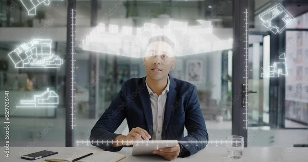 Poster vr, ai infographic and 3d metaverse architect on tablet with typing businessman in a office. futuris