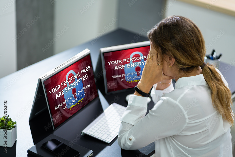 Poster ransomware malware attack. business computer hacked