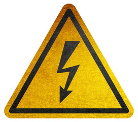 High voltage warning symbol. Yellow safety icon. Electrical danger warning sign. Yellow triangular sign. Grungy style danger sign. Rusty. Warning. Caution. Hazard. Danger. Worn out. 