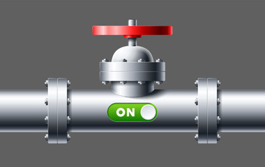 Steel pipeline with big red valve and green slider turn on vector illustration