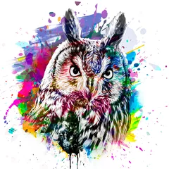 Tuinposter colorful artistic owl with bright paint splatters on white background. © reznik_val