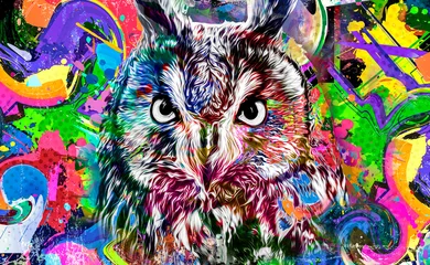 Tuinposter colorful artistic owl with bright paint splatters on white background. © reznik_val