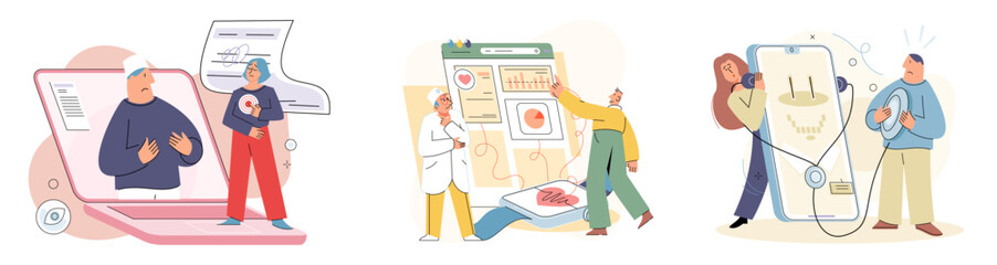 Online medical consultation and support metaphor. Online doctor. Healthcare services, Ask doctor. Tele medicine e-health service. Therapist videocalling phone screen. Diagnosis treatment of patients