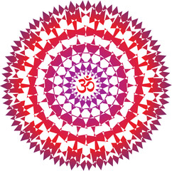 Openwork mandala with aum, om, ohm sign in the center. Ornamental round lace ornament. Red and purple colors. Vector graphics