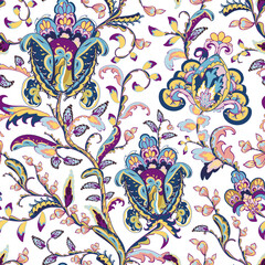 Jacobean embroidery floral seamless pattern. Fantasy baroque print with leaves and tulip flowers. Hand drawn oriental tiles. Vector laced decorative background. Floral paisley textile.