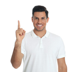 Fototapeta premium Man showing number one with his hand on white background