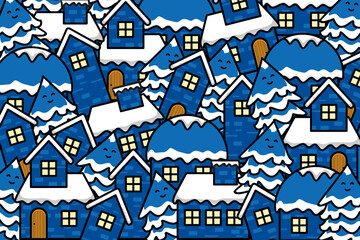 Winter houses for Christmas fabrics and decor. Blue pattern, kawai concept.
