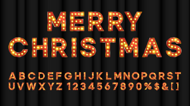 Merry Christmas marquee alphabet with bulb light shiny effect. Carnival or circus abc for banners and posters. Broadway title for showtime