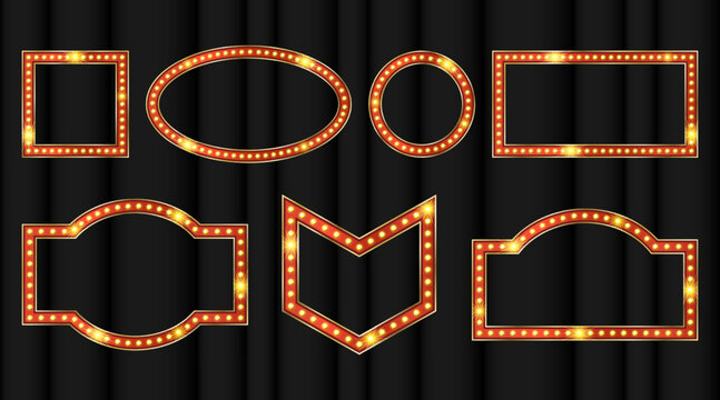 Marquee signboard with broadway led lamp light. Oval frame for showtime with bulb neon effect