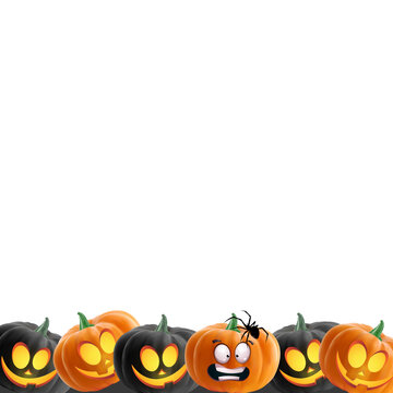 Photo frame with carved smile pumpkins on png or transparent background. Halloween border illustration