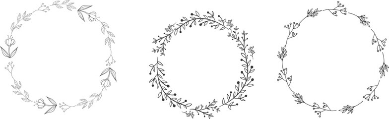 floral frame for your design. floral round frames labels. banners with branches. drawn line wedding.  circle line sketch. border brush design
