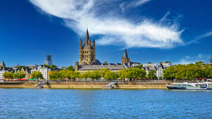 Cologne (Martins Viertel), Germany - July 9. 2022: Beautiful scenic rhine riverside water skyline,...