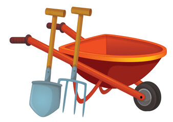 cartoon scene with wheelbarrow and shovel illustration for children