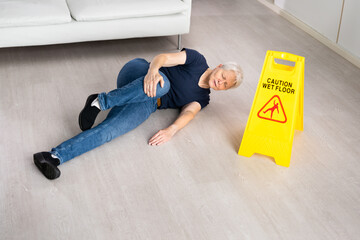 Slip Fall Accident. Floor Sign Caution