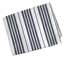 Blue cloth napkin isolated. Fiber towel or tablecloth. Cotton. Dishtowel. Kitchen. Serviette. Dishcloth. Textile. Striped kitchen towel. Top view. Zenith. Aerial view.