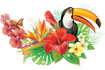 Fototapeta premium Tropical flowers, toucan and butterflies