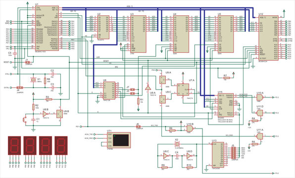 Vector electrical circuit. 
A complex large electrical circuit of an electronic device for data output 
to seven-segment indicators, operating under the control of a microcontroller.