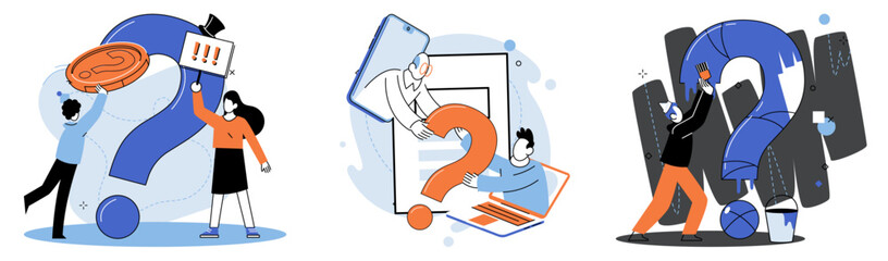 Fototapeta premium Question mark, obtaining information of interest. Problem and solution concept metaphor. FAQ help. Decision of information task, ask questions and receive answers, paint ladge sign decision of doubts