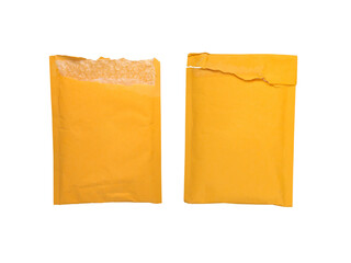 Two opened yellow online shopping packing envelopes with bubble wrap inside isolated transparent png