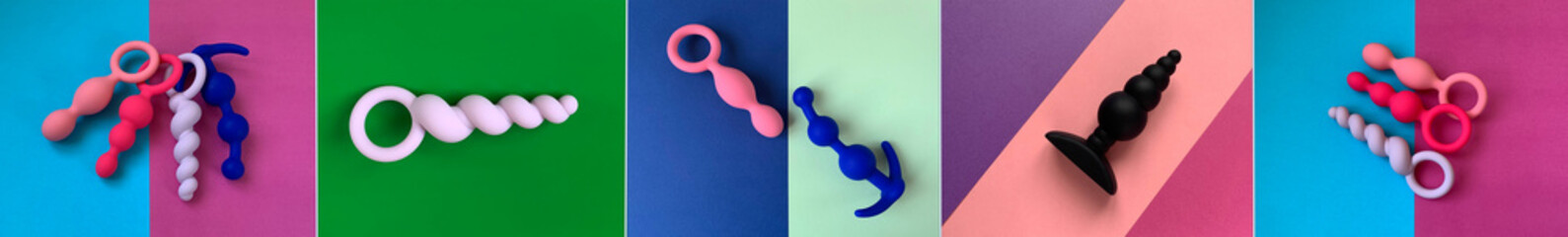 Collage of photos sex toy. Butt plugs on color background. Useful for adult, sex shop