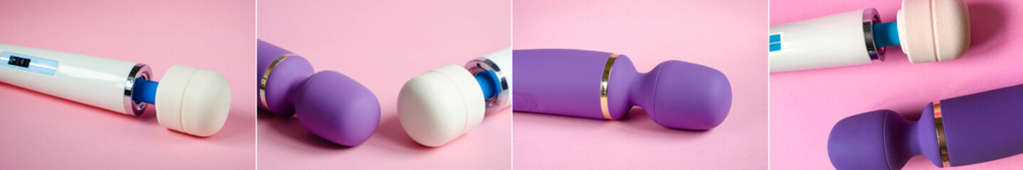 Collage of photos sex toy. Two vibrators on pink background. Useful for adult, sex shop