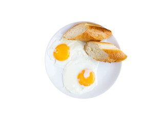 Fried eggs with french baguette slices in the white plate top view isolated transparent png