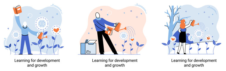 Learning development and growth. Self-learning metaphor, online emoloyee education distance e-learning. Skill improvement. Self development program way to success. Goal achieving professional training